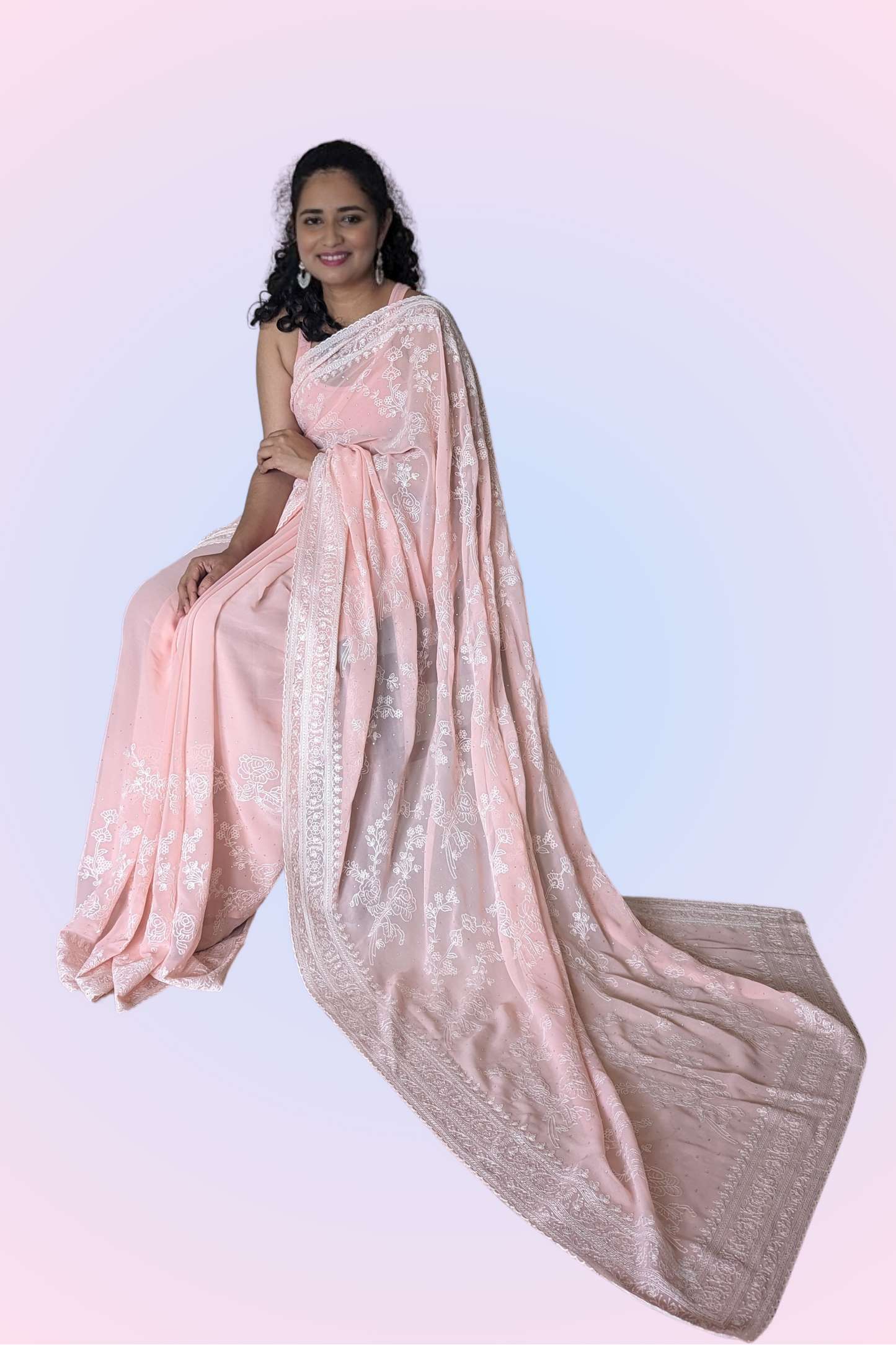 Cream Peach Georgette Saree