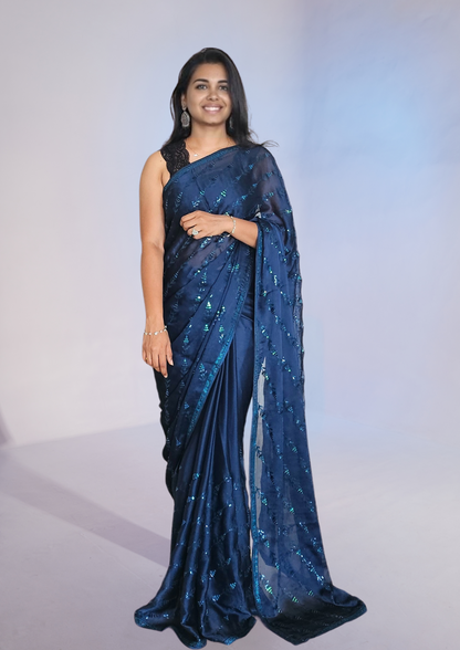 Midnight Blue Satin Georgette Saree