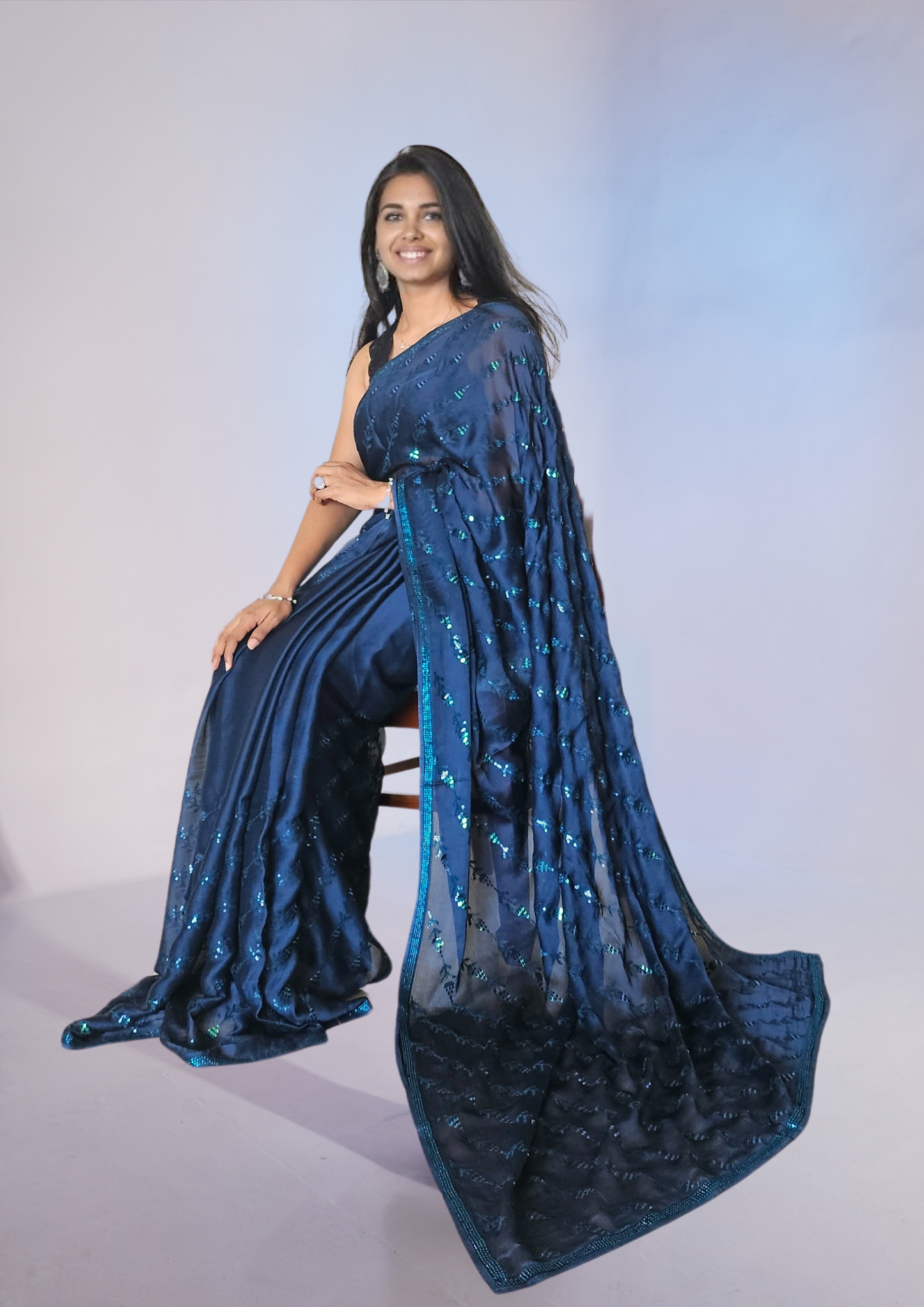 Midnight Blue Satin Georgette Saree