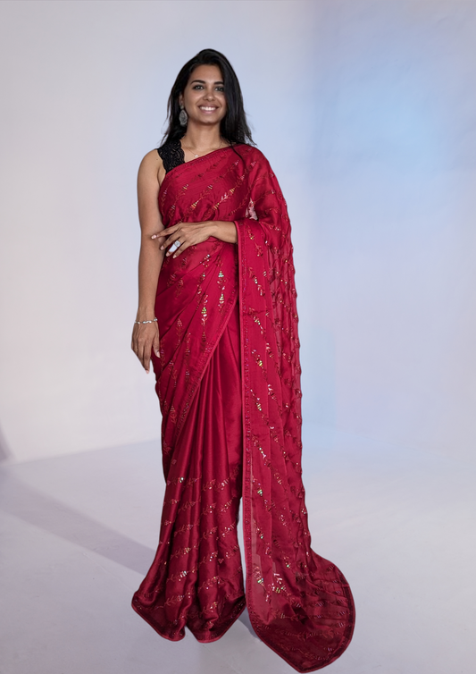 Crystal Red Satin Georgette Saree