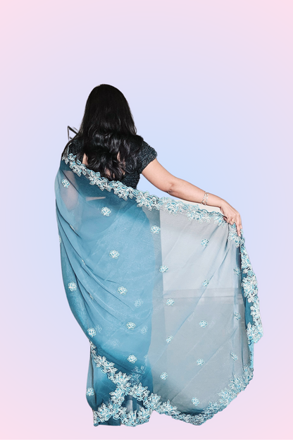 Midnight Green Ombre Chiffon Saree