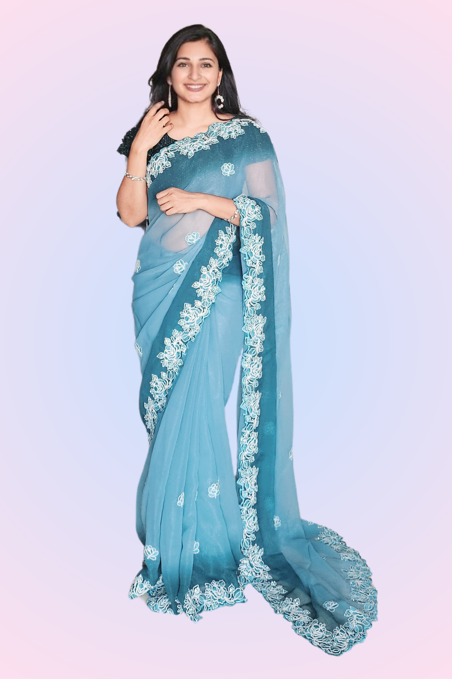 Midnight Green Ombre Chiffon Saree