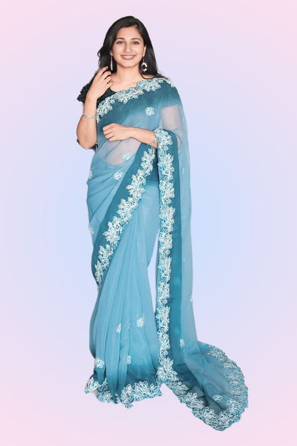 Midnight Green Ombre Chiffon Saree